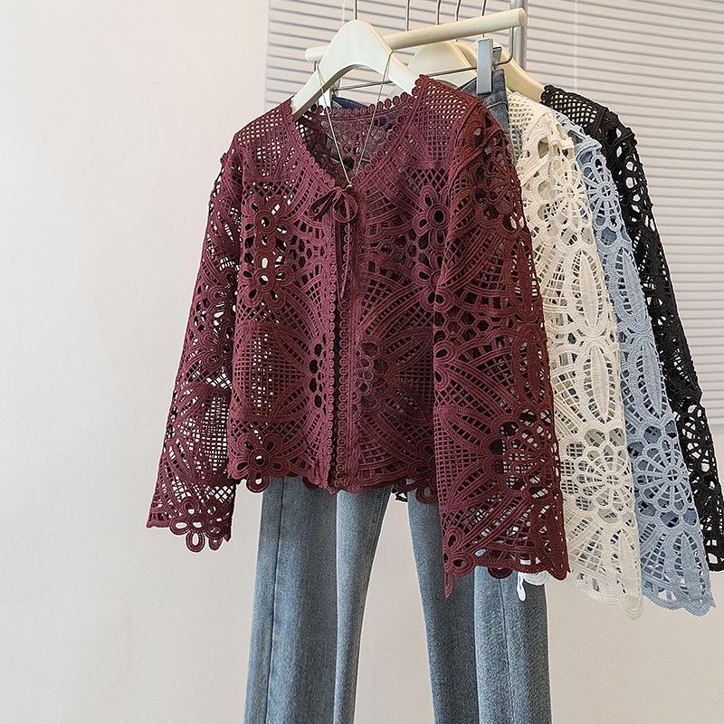 Korean Style Plus Size Embroidered V-Neck Lace Top - Autumn Women's Loose Long-Sleeve