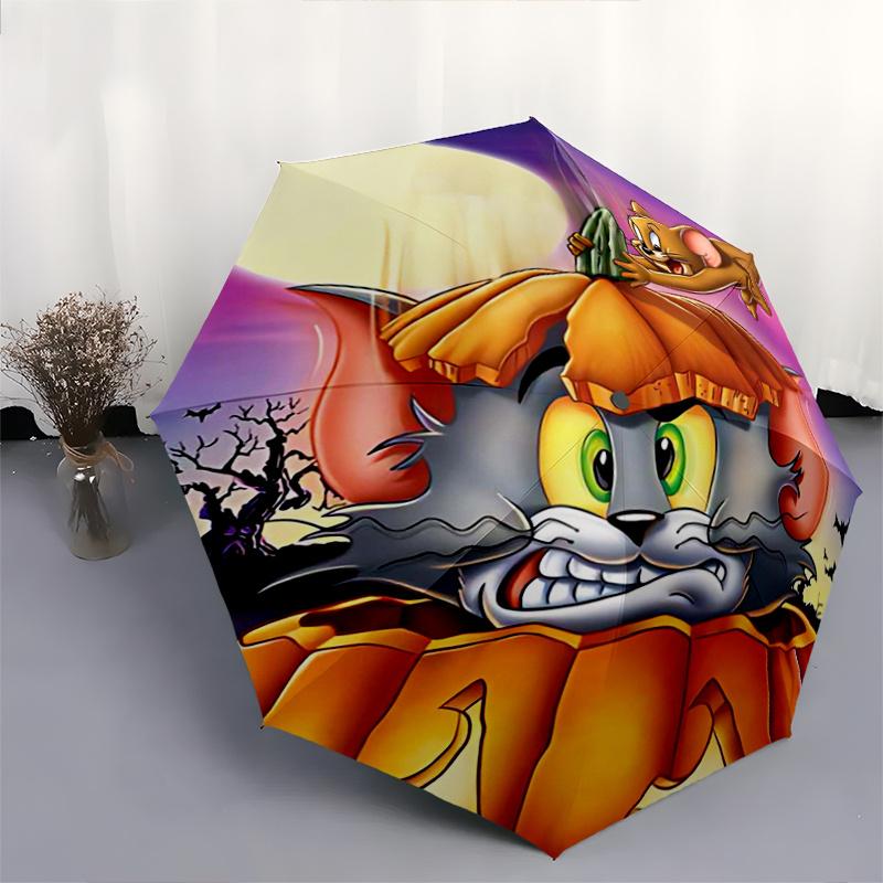 1pc Halloween Spooktacular Tom and Jerry Pattern Automatic Cartoon Umbrella is Fashionable and Good-Looking, Suitable for Travel and Daily Use.J044