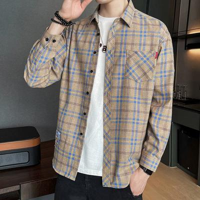 Camisa de Cuadros para Hombre Estilo Coreano Sensación de Alta Gama Otoño Corte Holgado Manga Larga Estilo Americano Camisa Casual