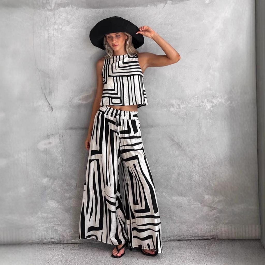 2025 Summer New Geometric Printing Casual Loose Vest Wide-leg Straight Pants Set