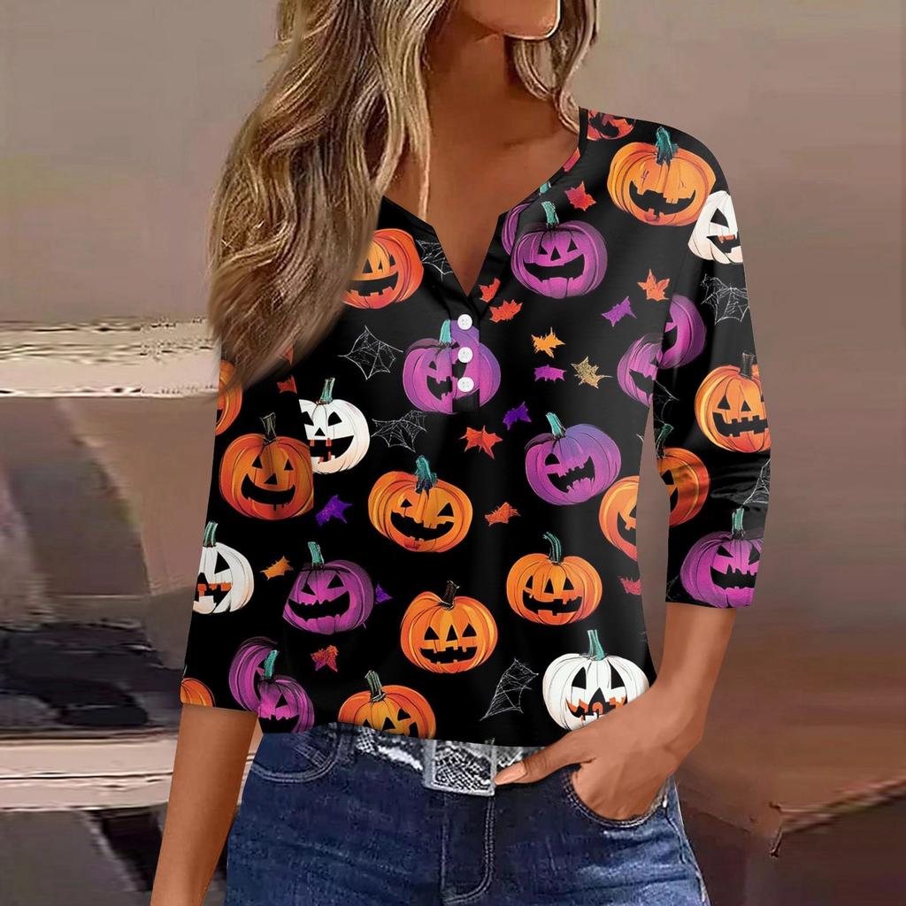 Dámské tričko Halloween potisk knoflík 3/4 rukáv tunika denní víkendová móda základní V-výstřih běžný top