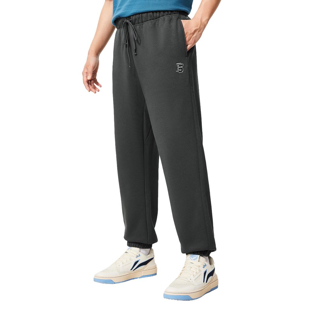 Li Ning Badfive Fleece Lined Warm Sports Fashion Versatile Loose Stitching Knit Sweatpants Men Bottoms AKLV779-3