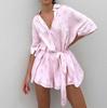 Women's Fashionable Casual Loose And Comfortable Tie Waist Open Collar Five Quarter Sleeve Jumpsuit