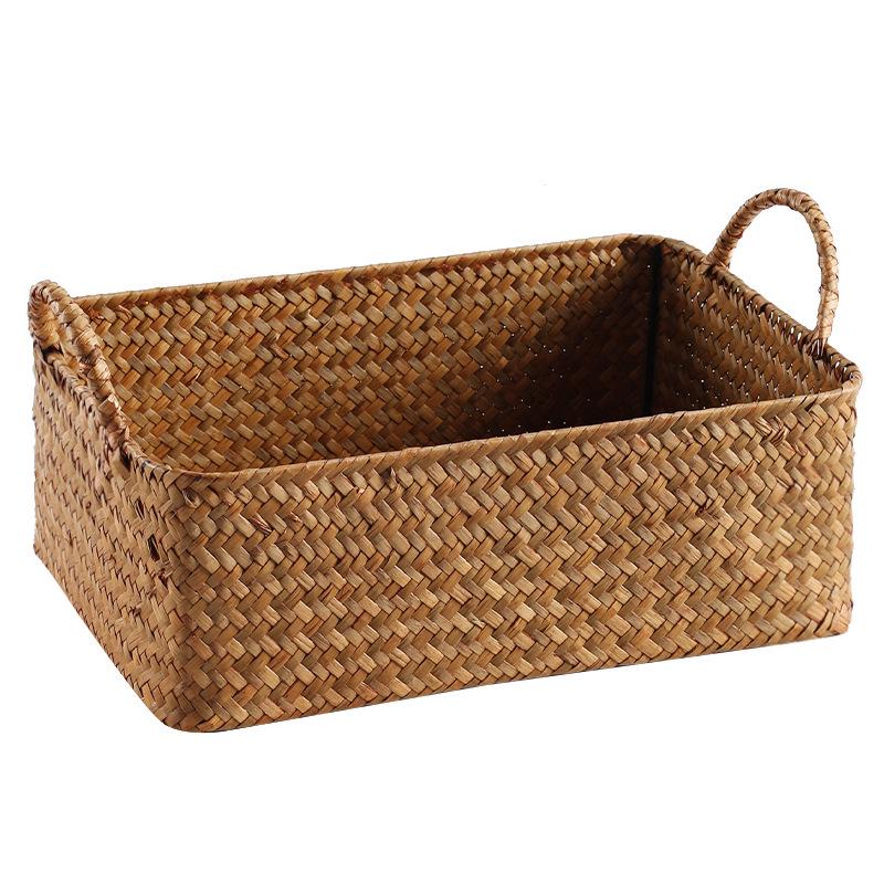 Japanese Straw-Woven Storage Basket for Snacks, TV Accessories, Cosmetics, and Masks