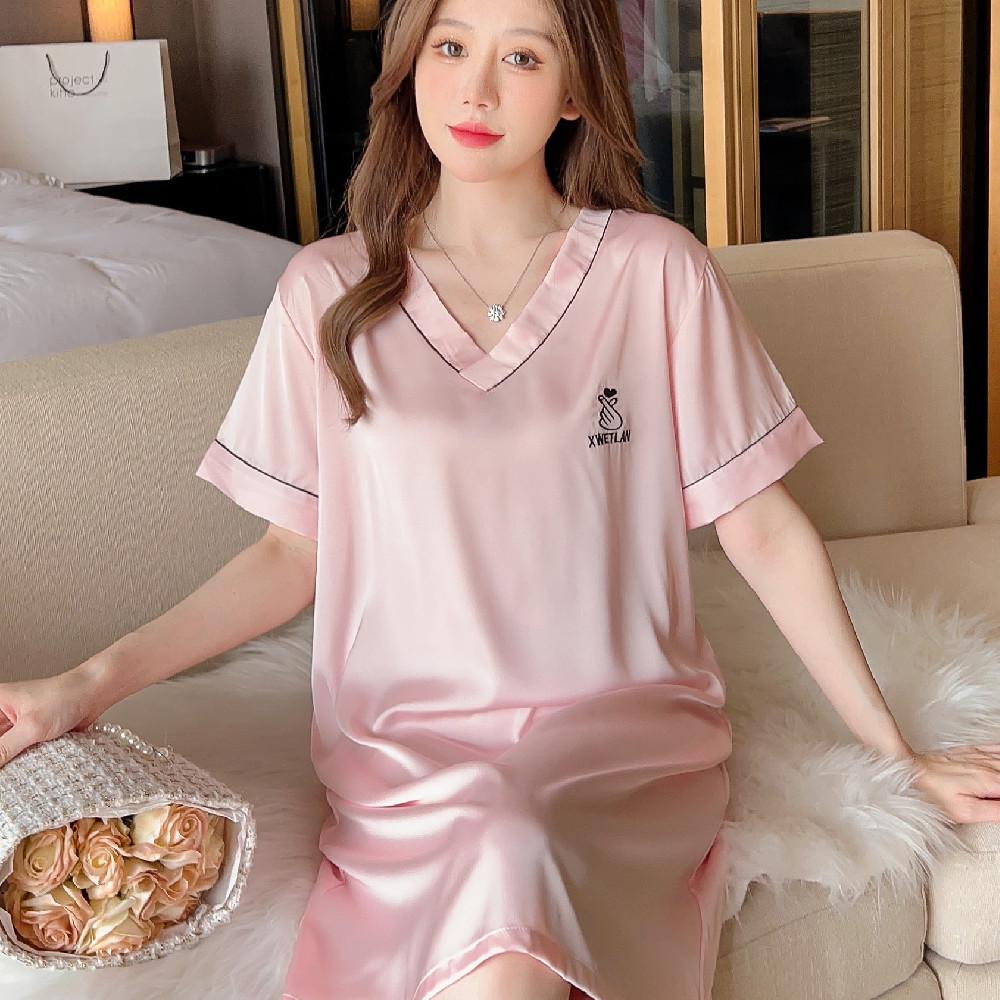 Women s V-Neck Ice Silk Short Sleeve Loose Homewear XL
