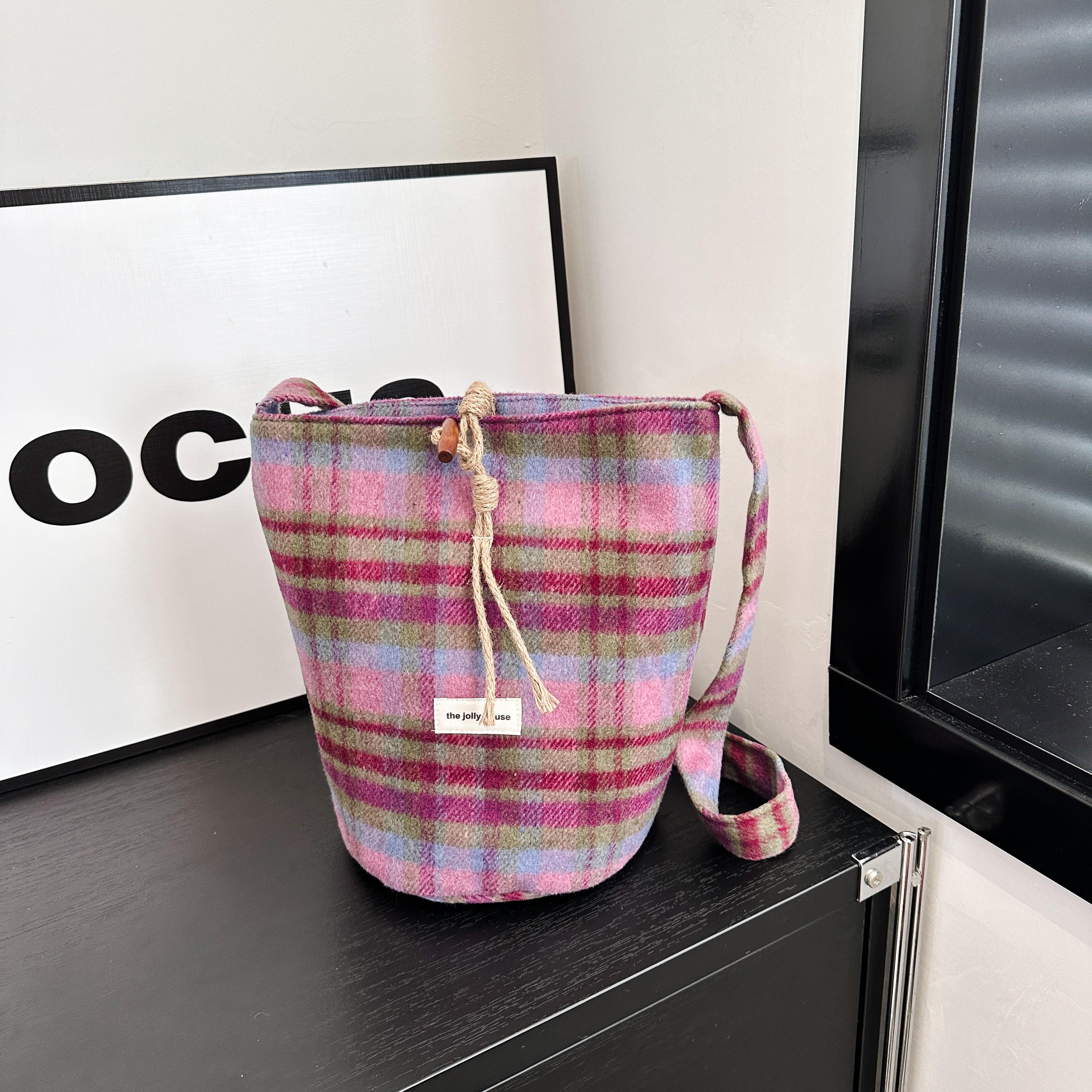 

Модная сумка-ведро для женщин, осень и зима, новая универсальная шерстяная клетчатая сумка через плечо с диагональным ремешком