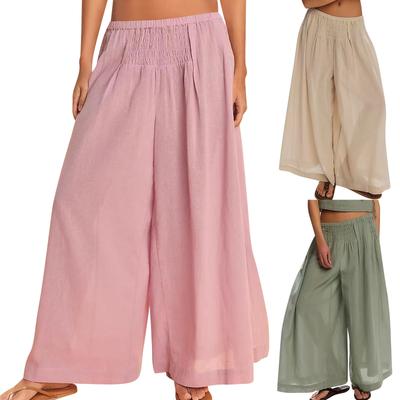 Women Linen Pants Wide Leg Elastic High Waisted Palazzo Trousers Casual Loose Beach Vacation Clothes With Pockets