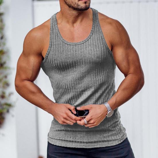 Pánská tílko s kulatým výstřihem, bez rukávů, se zádovým výstřihem, letní, žebrované, jednobarevné, fitness tílko