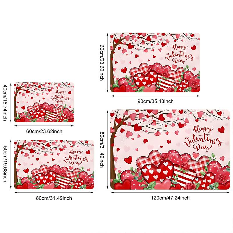 2D Flat Valentine Hearts Roses Flannel Door Mat Non Slip Romantic Love Theme Rug for Bedroom Living Room Gift Decor