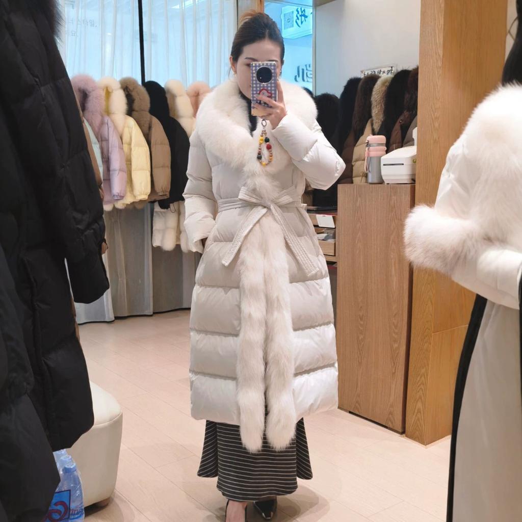 Winter detachable natural real fox fur collar down jacket women's new lace-up thickened long warm jacket