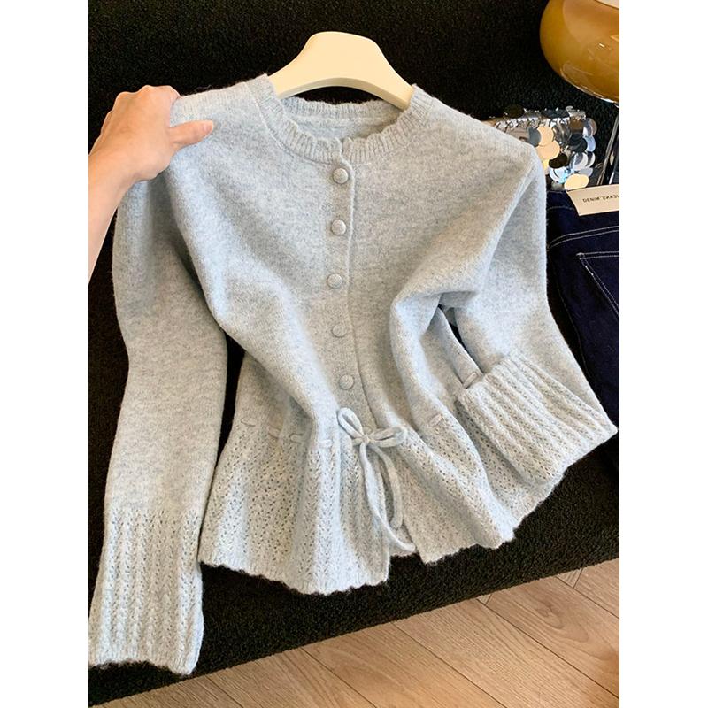 Women's Autumn Drawstring Knitted Sweater Soft Slim Short Top Cardigan Jacket