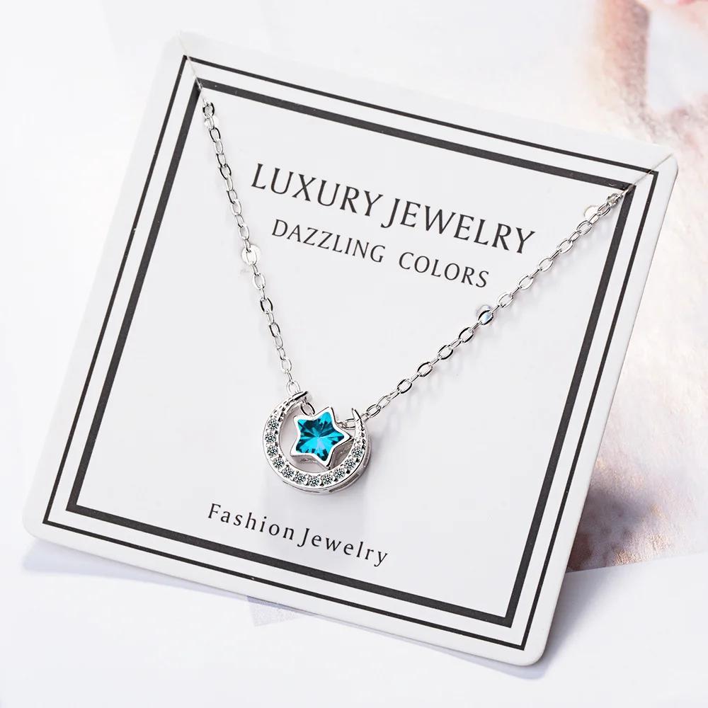 Exquisite  Sterling Silver Ocean Blue Star Moon Crystal Zircon Necklace for Women Girl Tassel  Gift Choker Collares