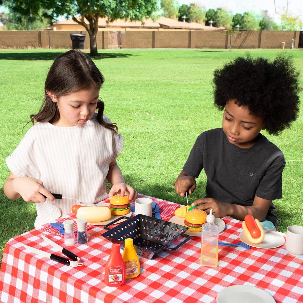 Joyfy 27 Pcs Kids Kitchen Toy Playset BBQ Grill Pretend Play Food Sets, Gift for Toddlers 2 3 4 Years Old Girls Boys