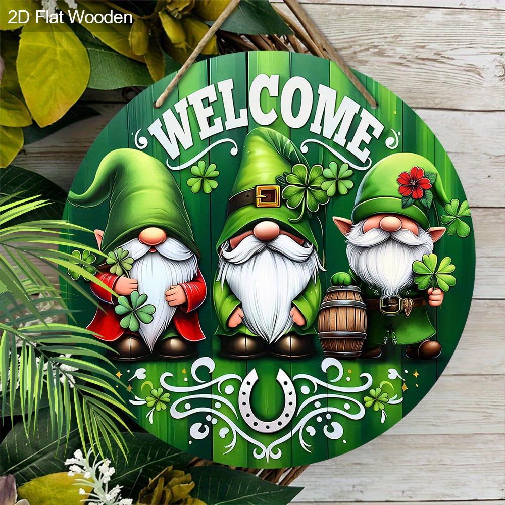 2D Flat, 1pc St. Patrick's Day Welcome Sign, Green Clover Gnome Wooden Ornament, Perfect for Patio Wall Front Door and Hallway Hanging Decoration