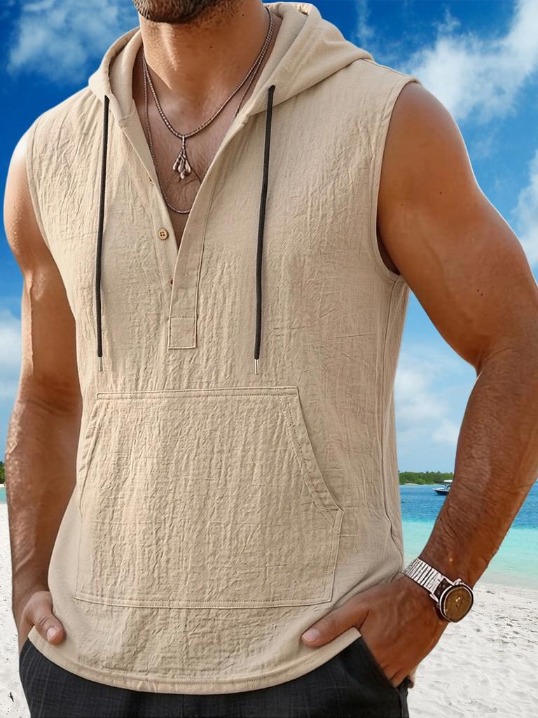 Men's White Linen-Look Sleeveless Hoodie Henley Neck Tank Top with Kangaroo Pocket