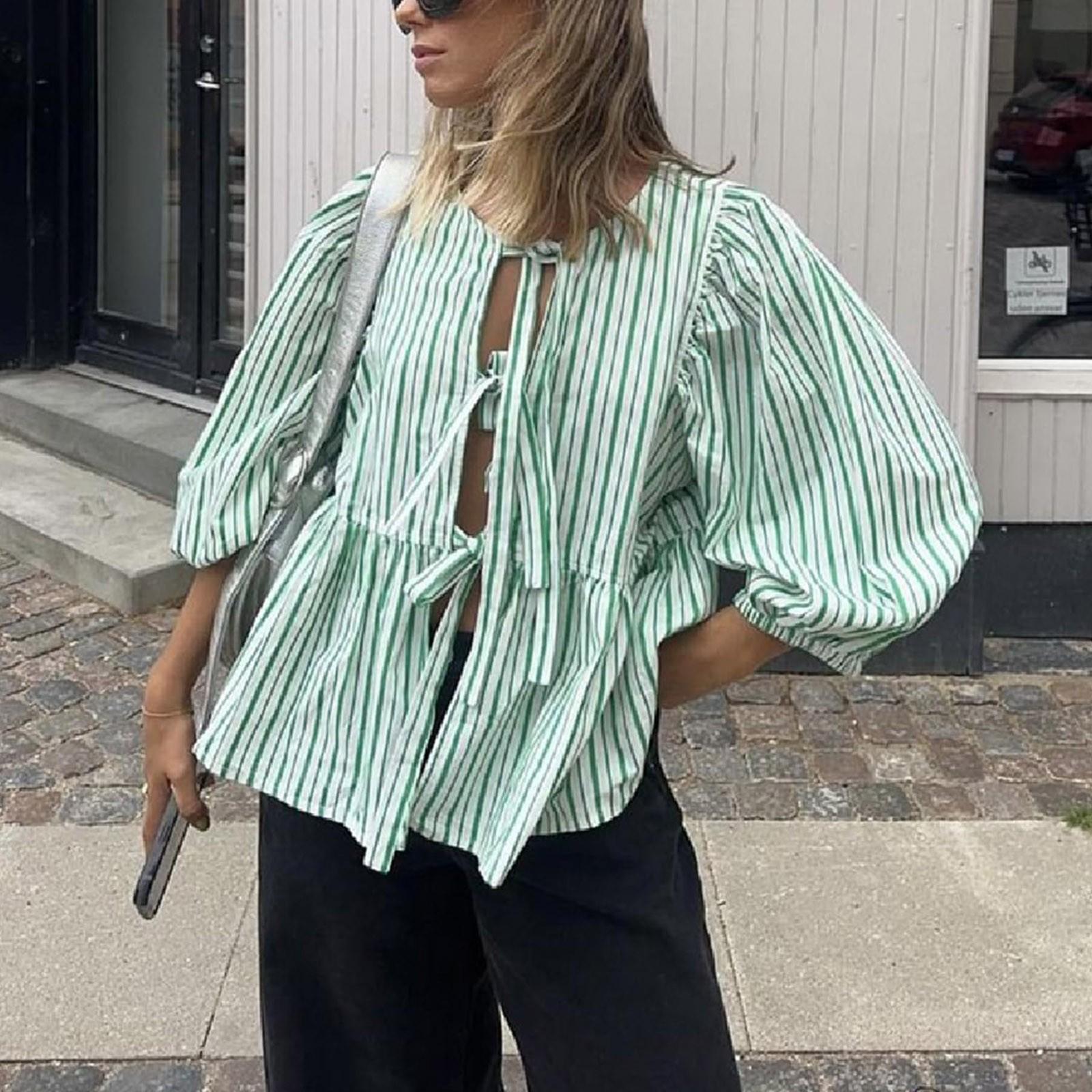 

Топы с завязками спереди для женщин, топ в стиле беби-долл с баской, топы длиной 3/4 с пышными рукавами, милые топы на выход S зелёный