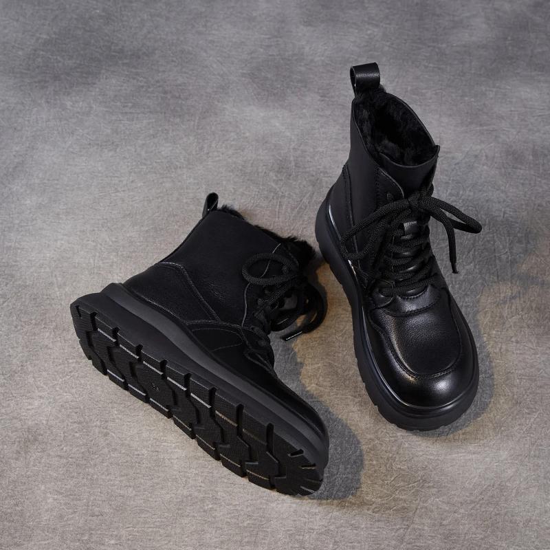 Johnature Genuine Leather Women's Shoes Leisure Thick Soled And Plush Warm Wool Lace-up Short Boots