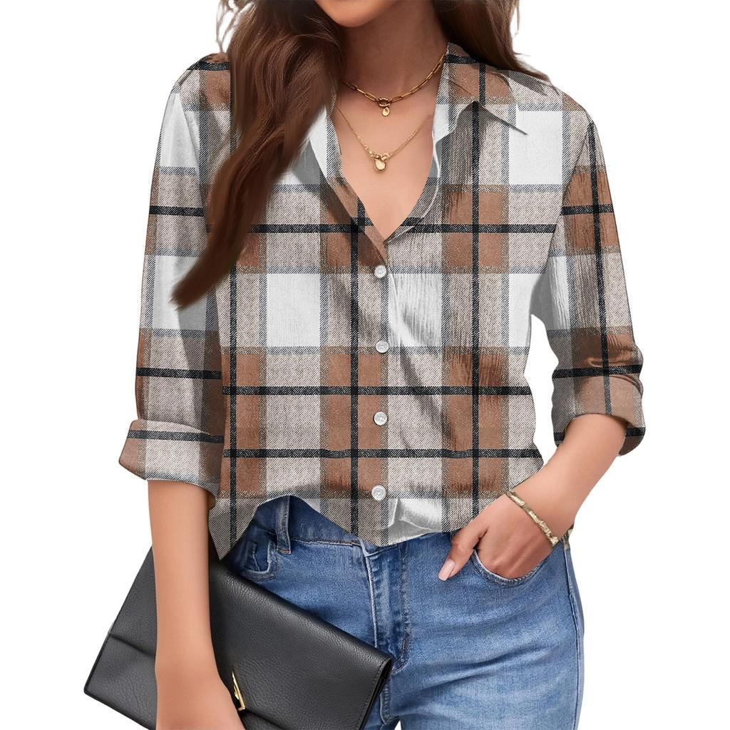 Women's Fashionable Casual Loose Plaid Long,sleeved Shirt