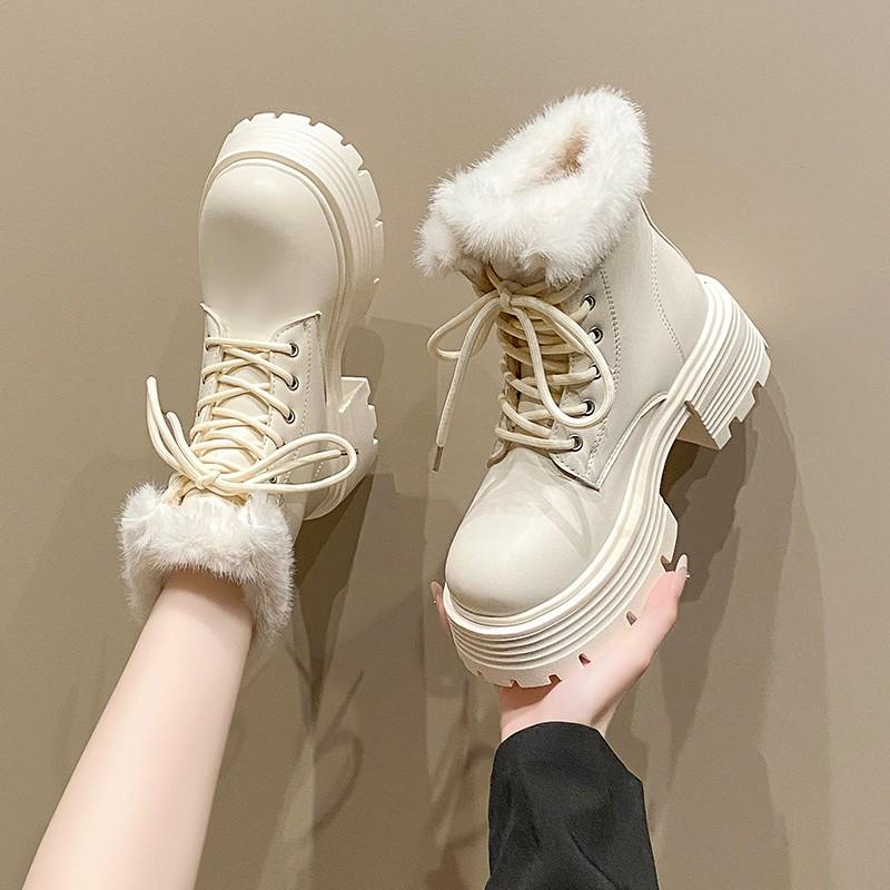2025 Winter Fluffy White Fur Women Short Snow Boots Plush Warm Platform Booties Comfort Square Heel Ladies Shoes