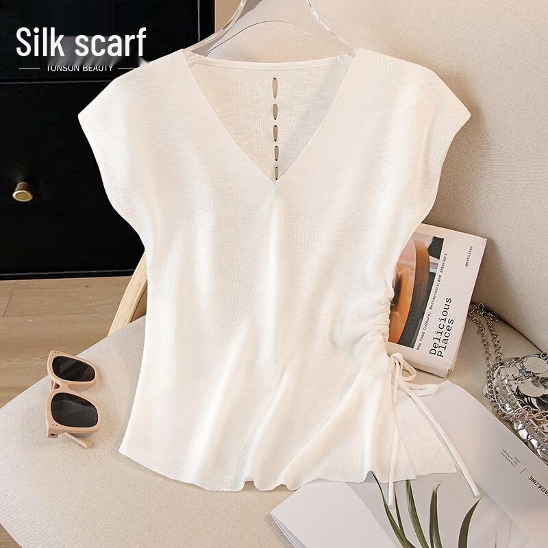 Women s V-Neck Ruched Cutout Knit Pullover Top One Size