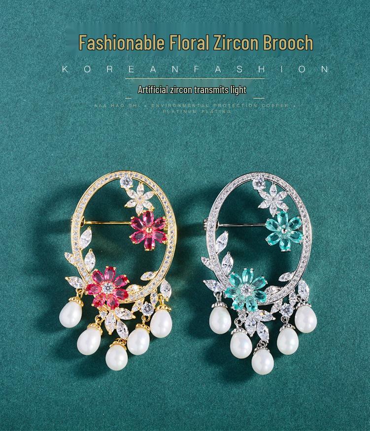 Chinese Style Mirror Flower Pearl Brooch: Micro-set Zircon, Sparkly, Exquisite, Elegant Design, Suit Corsage Pin for Women