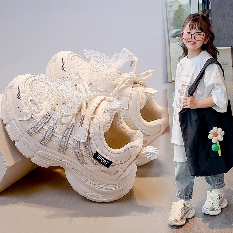 Girls' Sports Shoes Are Comfortable and Breathable Fashion Dad Shoes 2025 Autumn New Foreign Style Pearl Bow Princess Shoes