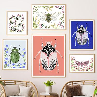 Anpassbares Schmetterling Zikade Käfer Biene Blume Wandkunst Malerei Nordisches Poster Ästhetik Insekt Wandbilder Kinderzimmer