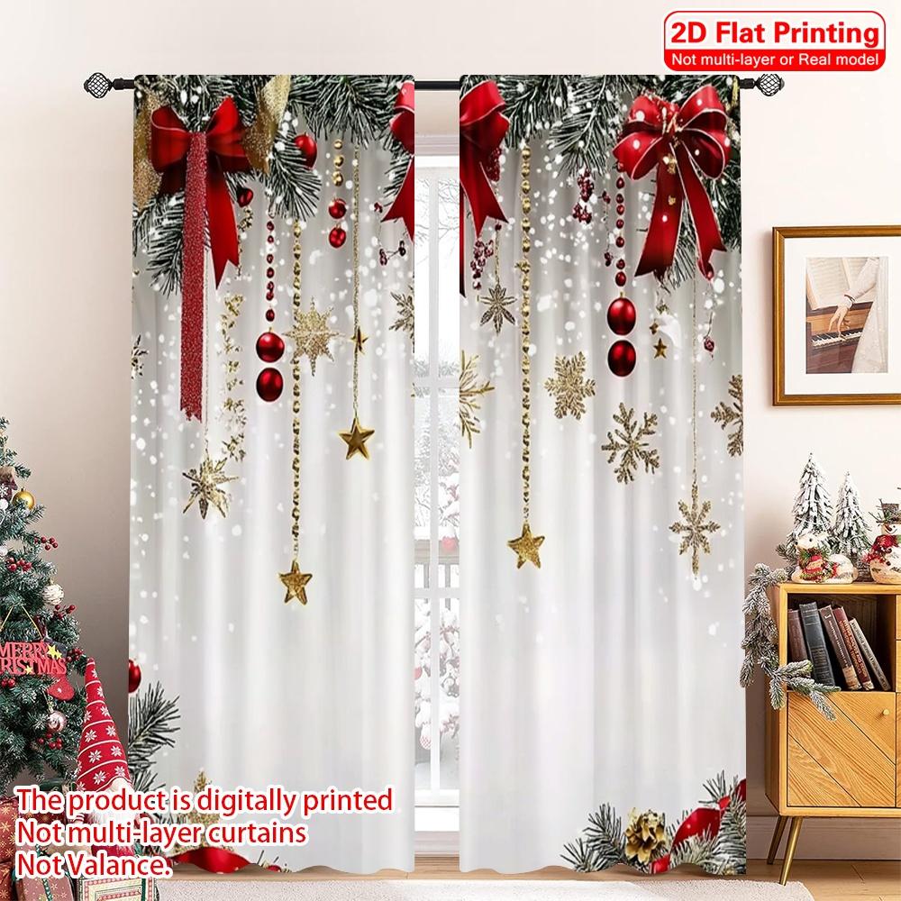 

2D flat printing 2pcs Merry Christmas Popular Curtain red bow Durable Polyester Without Electricity Family Party Decoration 52.50×116.00 CM 2pcs