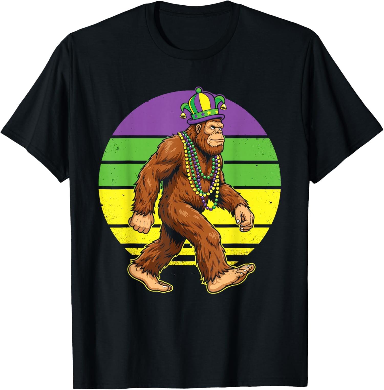 Retro Bigfoot Mardi Gras Carnival Sasquatch Funny Unisex T-Shirt S
