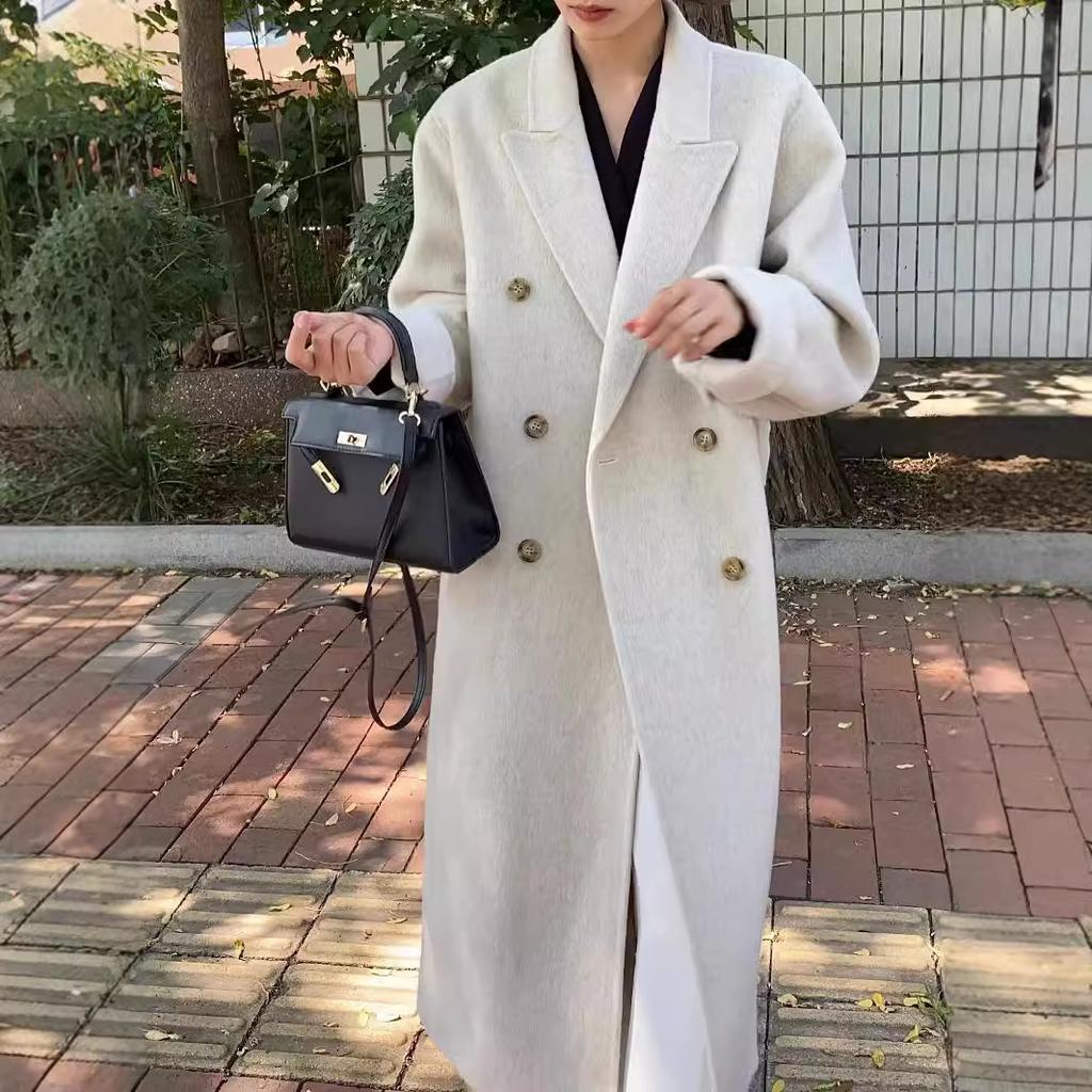 [Autumn and Winter] Simple Suit Loose Double-sided Wool Coat Double-breasted Long White