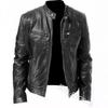 Spot Winter Business Gentleman Warm Zip Cardigan Pocket Decorative PU Leather Jacket Stand Neck Slim Leather Jacket