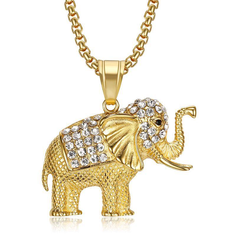 

Stainless Steel CZ Animal Elephant Necklace Pendant & Chain Hip Hop Gold Color Iced Out Bling Fashion Women Lucky Jewelry Gift 50cm
