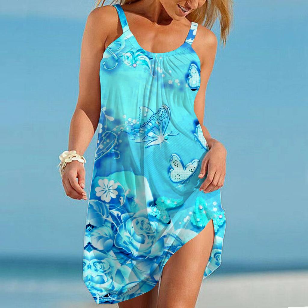 Women's Beach Dress Beach Wear Mini Dress Dancing Butterflies Print Casual Modern Dress Sleeveless Loose Fit Outdoor Daily Pink Blue Summer