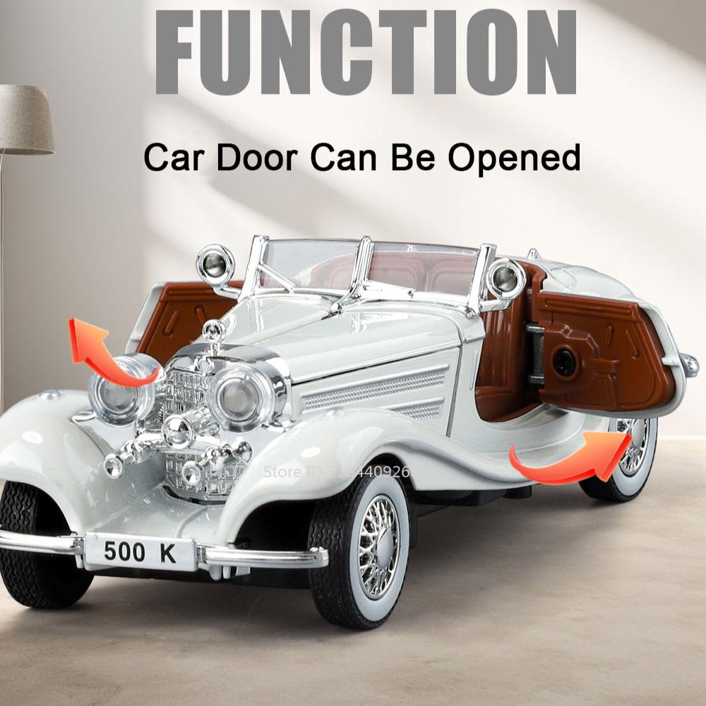 1:32 500K 300SL Vintage Car Model Toy Shock Absorption Alloy Diecast Vehicle Models Sound Light Pull Back Collection Kids Gifts