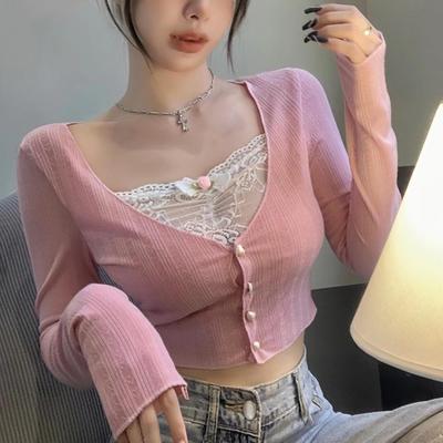Pink Lace Blouse Casual Woman 2023 Autumn Sweet Long Sleeve Knitted Sweater Female Design Korean Fashion Crop Tops Slim Chic