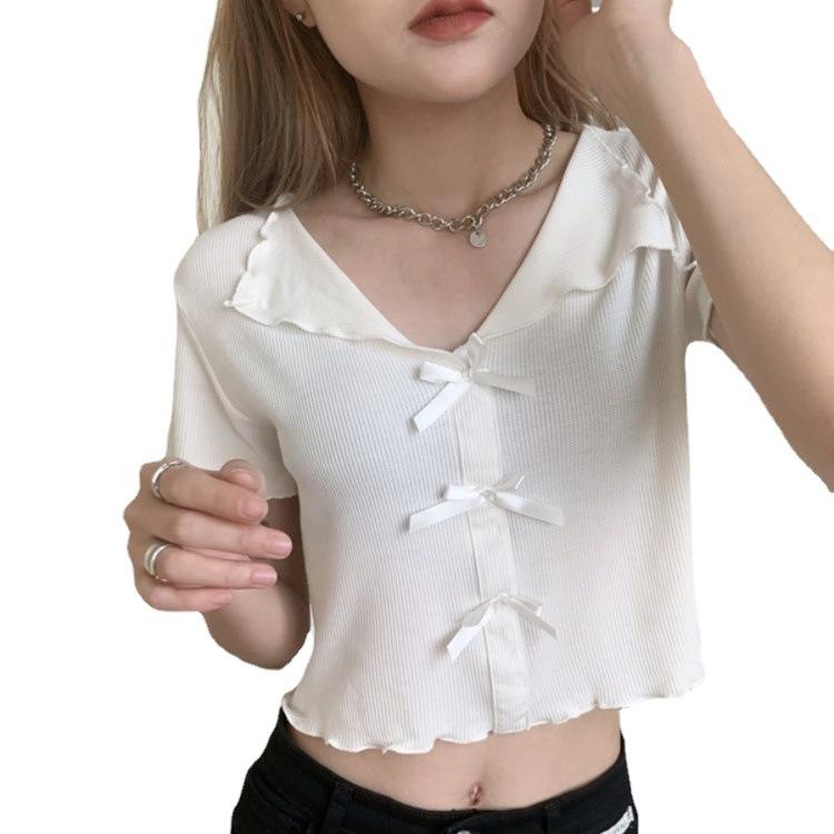 Sommer Bm Stil Kurz Schlankes Design Krawatte Holz Ohr Kante Revers V-Ausschnitt T-Shirt Oberteile Lässig Sommer Wesentlich Komfort und Stil Slim Fit Pullover T-Shirts