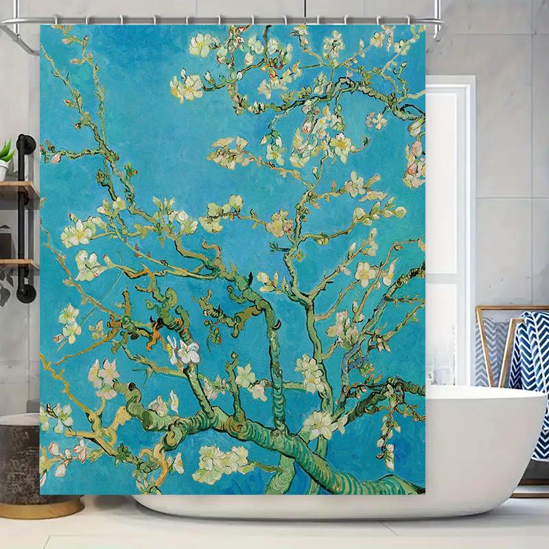 

Ван Гог Цветущие ветки Коврик для ванной Цветочная декоративная шторка для душа с ярким принтом для аксессуаров для ванной комнаты в сине-зелено-белом цвете 90x180cm