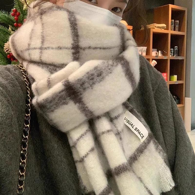 New Mohair Plaid Scarf Women's Winter Thickened Warm Korean Black and White Plaid Imitation Cashmere Shawl