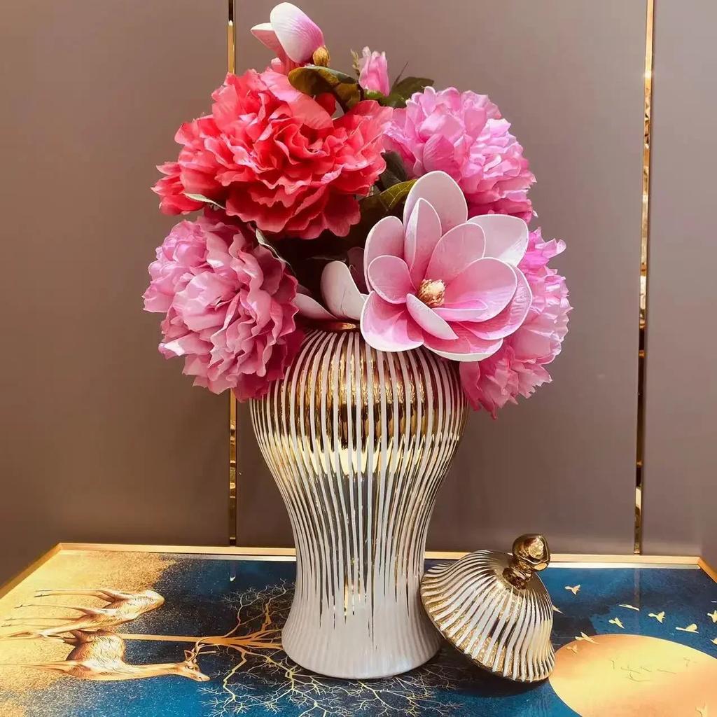 Ceramic Vase Universal Jar with Lid Golden Stripes Decor Ginger Jar Storage Bottle Desktop Porcelain Ornaments Home Decor Vase