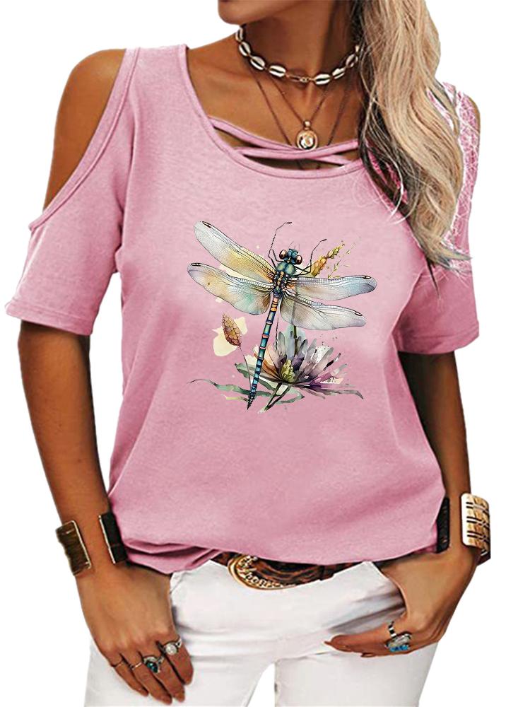 

Женская мода с открытыми плечами, повседневная летняя футболка с круглым вырезом, свободная футболка с коротким рукавом и принтом S розовый