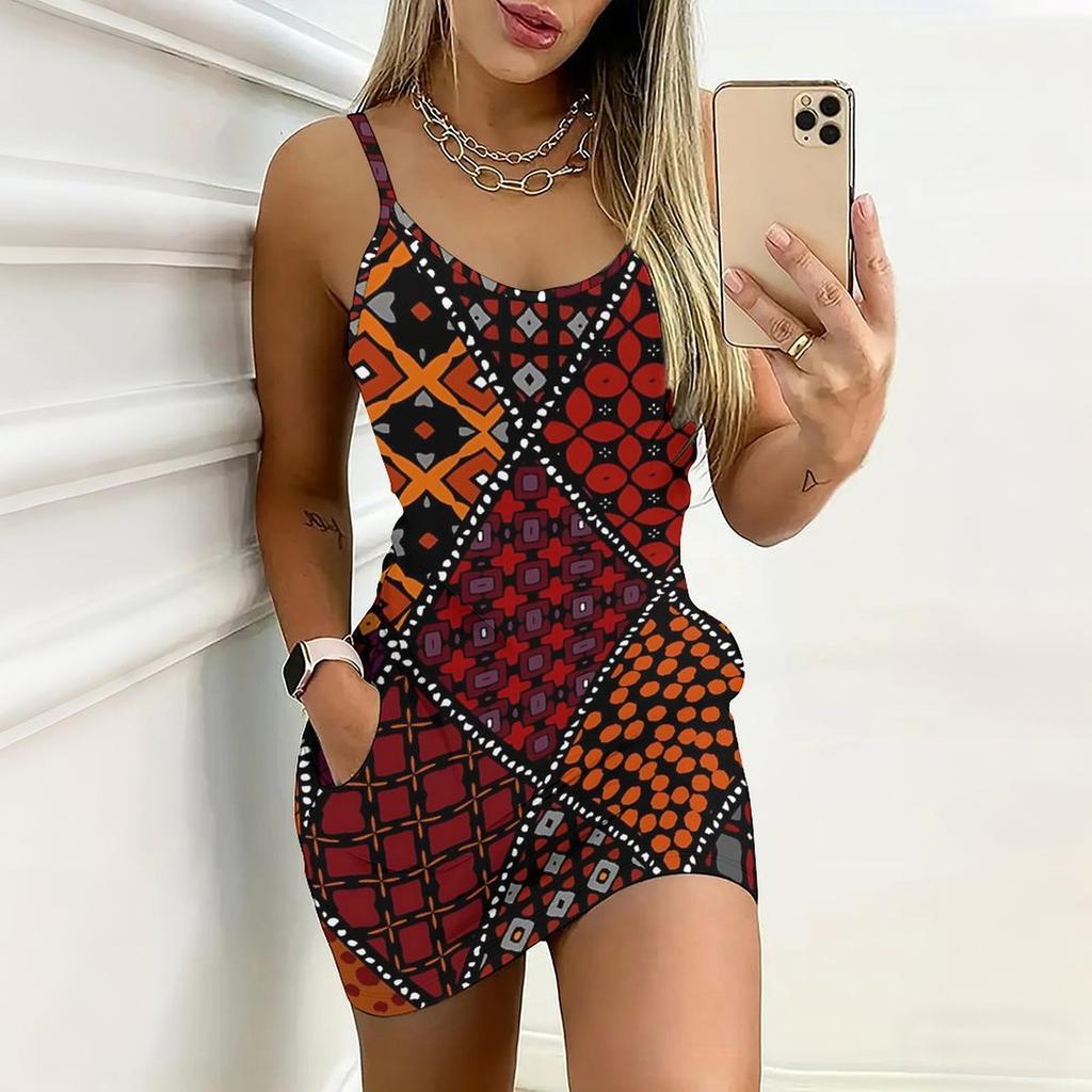 Vasaros Naujas Retro Geometriniai Raštai Spausdinta Berankovė Kūną Apimanti Suknelė Su Kišenėmis Seksuali Slim Fit Elegantiška Šventinė Suknelė