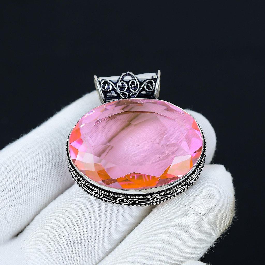 Pink Topaz Pendant, 925 Sterling Silver Pendant, Handmade Jewelry Pendant, Antique Pendant, Topaz Gemstone, Red Color Pendant, Gift For Mom