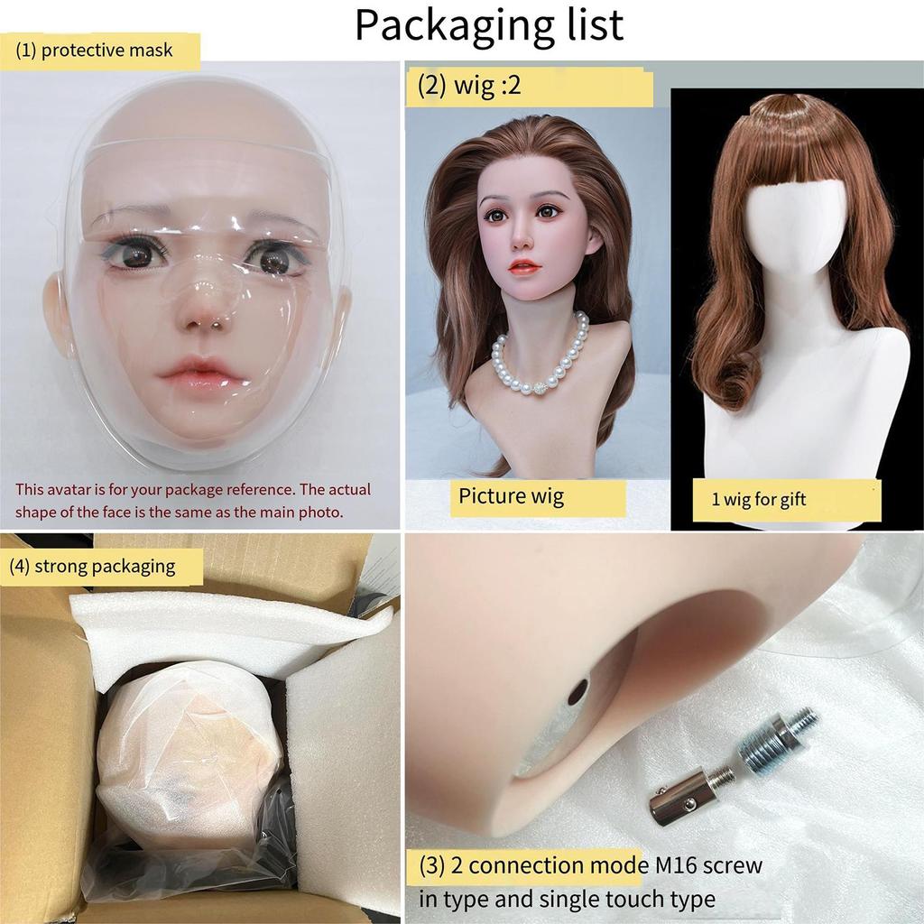 100% Silicone Sex Doll Head Standard Wig Suitable for 130-180CM Solid Dolls Body M16 and Standard Bolts 2 Connection Methods GJ-ZP003
