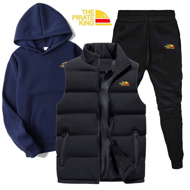 

Мужские и женские толстовки, комплект из 3 предметов, осенне-зимние толстовки + жилет + брюки, спортивный костюм M темно-синий