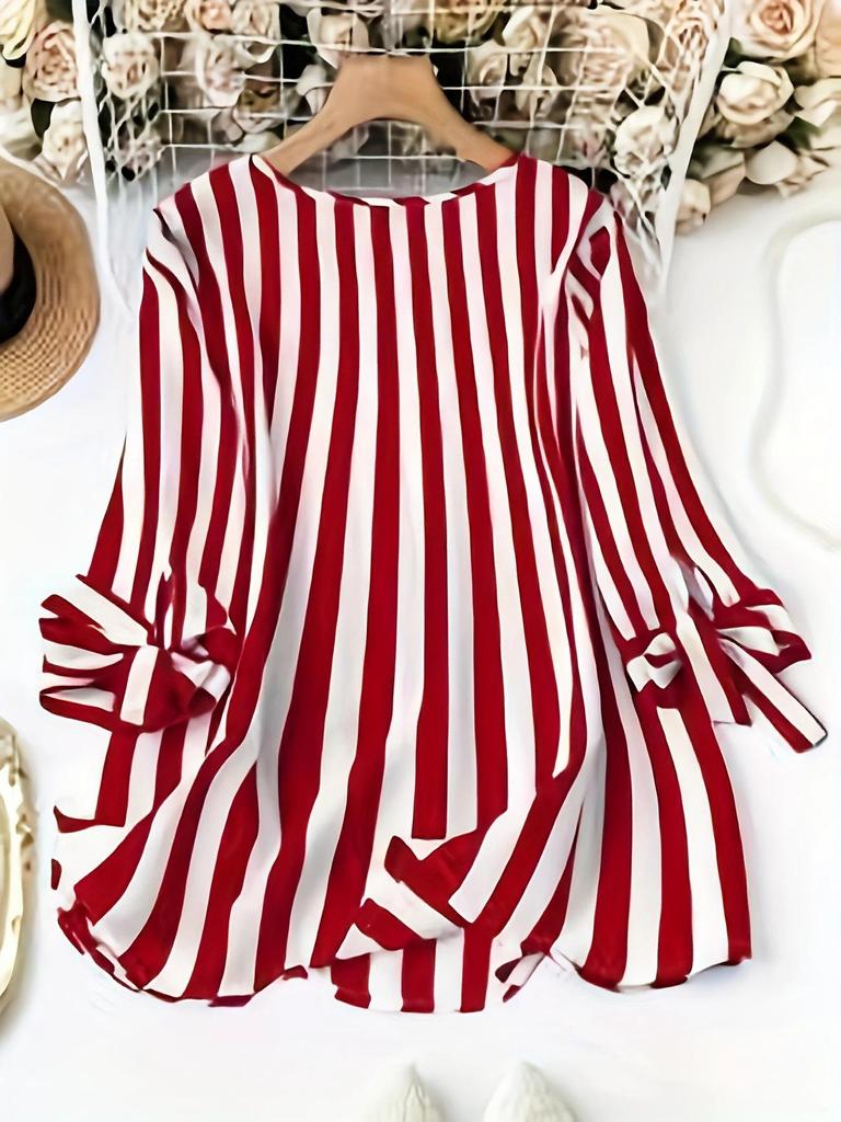 2025 European Striped Three-Quarter Sleeve Casual Shirt for Autumn/Summer