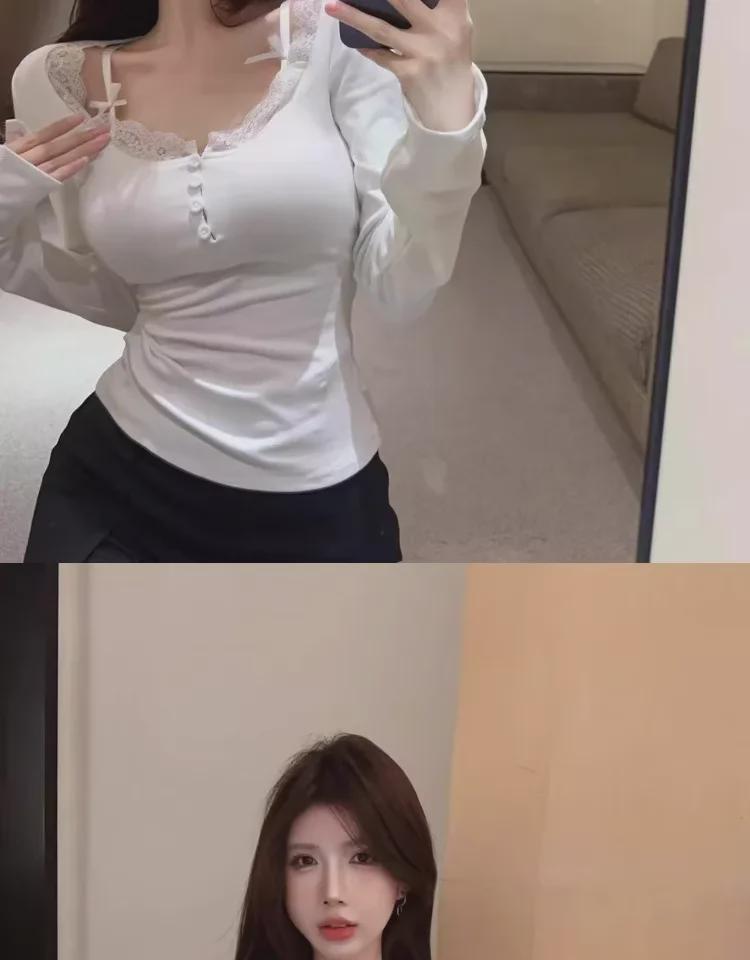 Sexy Lace Slim Fit Two-Piece Style Long-Sleeve T-Shirt: This Year's Trendy Must-Have