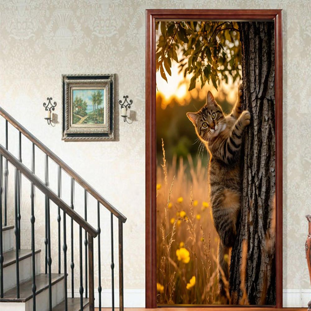 

1 шт. Милый виниловый стикер на дверь с кошкой для декора спальни и дома, самоклеящаяся съемная наклейка на стену, реновация двери, водонепроницаемый постер 40x120cm