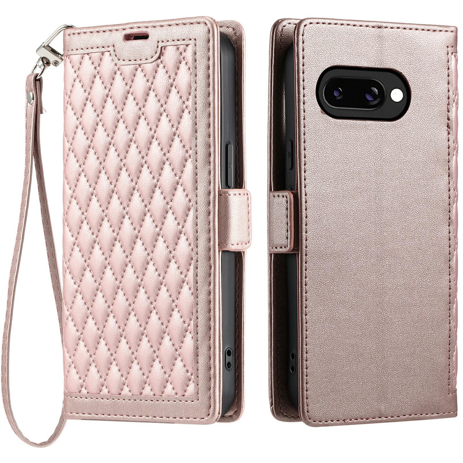 

For Google Pixel 9a Leather Case Rhombus Texture Wallet Stand Phone Cover with Wrist Strap Rose Gold