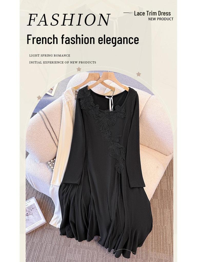 Plus Size Elegant Knit Dress for Women (130-300 Jin) - Embroidered Inlay with Large Hem, Perfect for Spring and Autumn