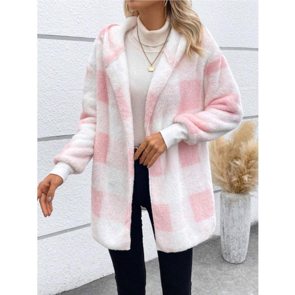 Damen Herbst- und Winter Kapuzen-Plaid Warmes Oberteil, Mittellange Plüsch-Cardigan-Jacke